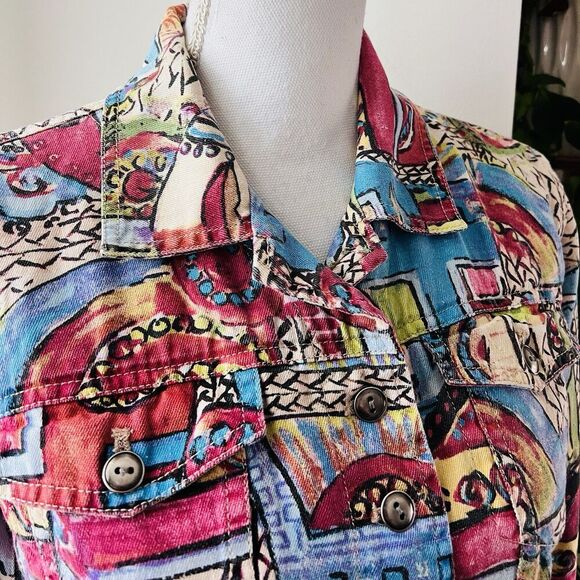 Chico's Colorful Abstract Faces Wearable Art Denim Jacket - Size 1 (Medium Sz 8) - Picture 2 of 9